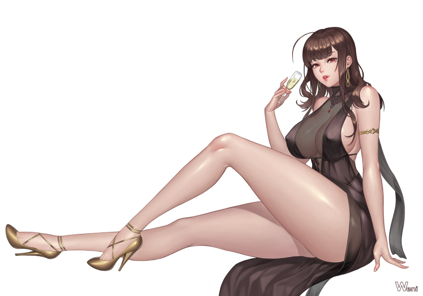 1girl ahoge alcohol armlet artist_name bangs bare_shoulders black_dress blunt_bangs bodysuit breasts brown_hair champagne champagne_flute cup dress drinking_glass dsr-50_(girls_frontline) earrings erect_nipples eyebrows_visible_through_hair gem girls_frontline gold_footwear high_heels highres invisible_chair jewelry karmiel large_breasts legs lips long_hair long_legs looking_at_viewer parted_lips red_eyes red_lips see-through shoes sideboob sitting solo thick_thighs thighs very_long_hair yellow_footwear