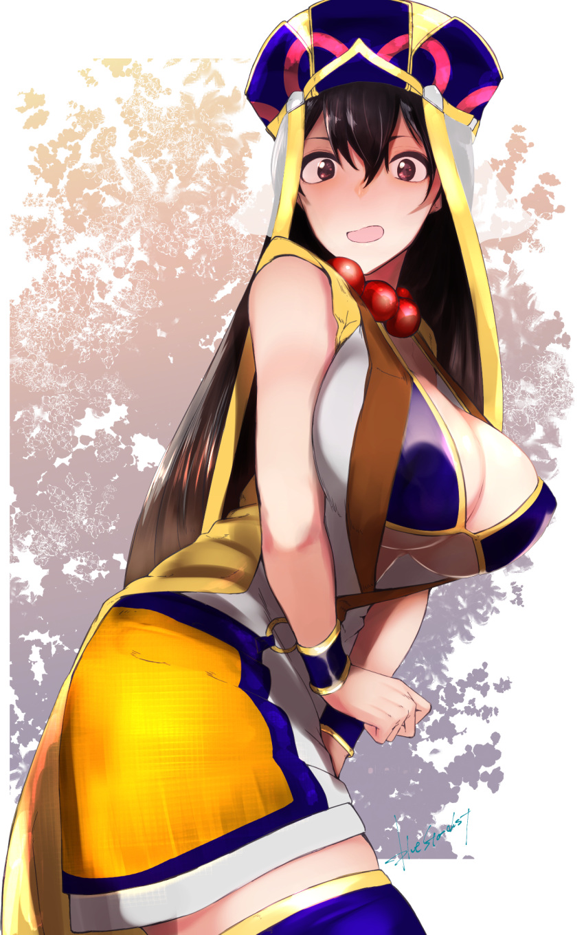 1girl artist_name beads bikini_top blue_bikini_top blue_legwear blush breasts brown_hair cleavage embarrassed fate/grand_order fate_(series) hat highres jewelry kojima_(blue_stardust) large_breasts long_hair looking_at_viewer open_mouth prayer_beads solo thigh-highs violet_eyes xuanzang_(fate/grand_order)