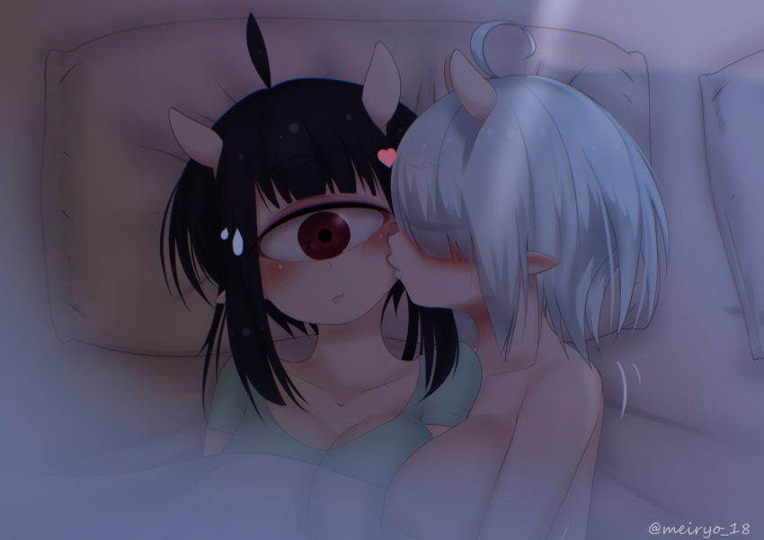 2girls ahoge bangs bare_shoulders black_hair blunt_bangs blush breasts cheek_kiss closed_eyes cyclops eyebrows_visible_through_hair heart horns hyaku_(meiryo_(horizon) kiss large_breasts medium_hair meiryo_(horizon) monster_girl multiple_girls on_bed one-eyed original pillow pointy_ears red_eyes rei_(meiryo_(horizon)) silver_hair sweatdrop thick_eyebrows twitter_username yuri