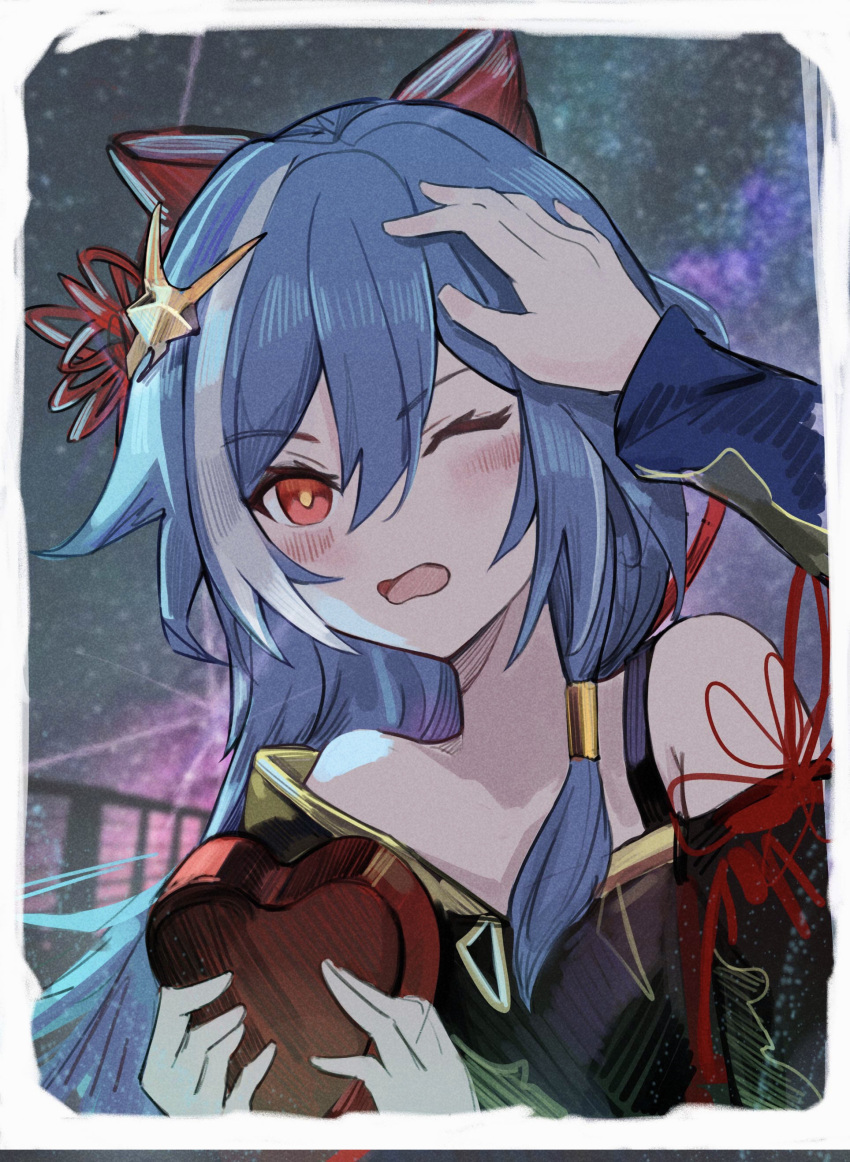 1girl :o absurdres bangs bare_shoulders black_hair blush bow chinese_clothes fireworks fu_hua fu_hua_(herrscher_of_sentience) hair_between_eyes hair_bow hair_ornament hand_on_another's_head headpat heart highres holding honkai_(series) honkai_impact_3rd looking_at_viewer night night_sky one_eye_closed open_mouth red_eyes siyecao_(uumix7e) sky