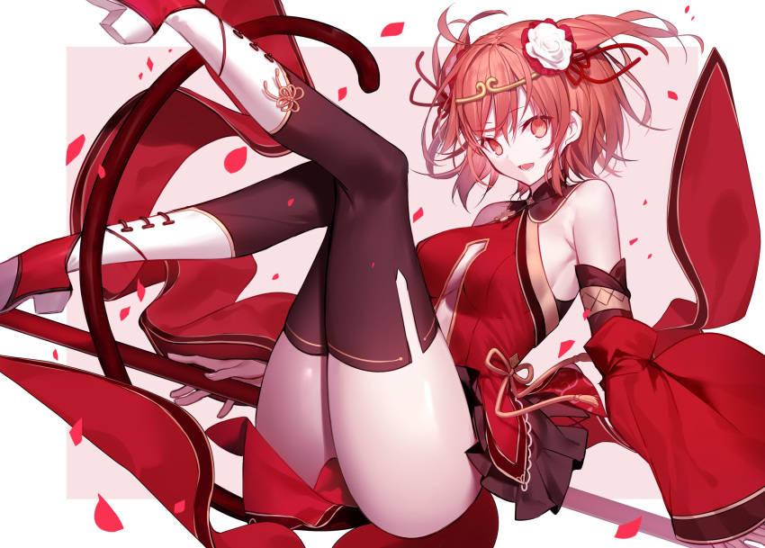1girl ahoge bare_shoulders black_legwear blush boots breasts chinese_clothes circlet detached_sleeves fate/grand_order fate_(series) fujimaru_ritsuka_(female) hair_ornament highres knees_together_feet_apart looking_at_viewer medium_breasts monkey_tail open_mouth orange_eyes orange_hair petals pleated_skirt shinooji short_hair simple_background skirt smile solo staff tail thigh-highs two_side_up