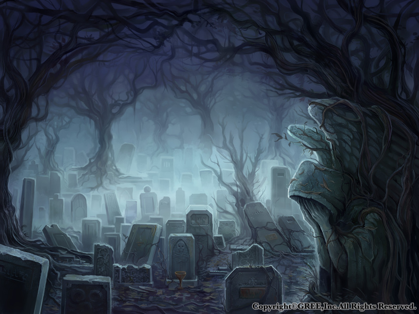 chalice commentary_request fog graveyard highres night no_humans official_art outdoors scenery seisen_cerberus statue tombstone tree watermark z.dk