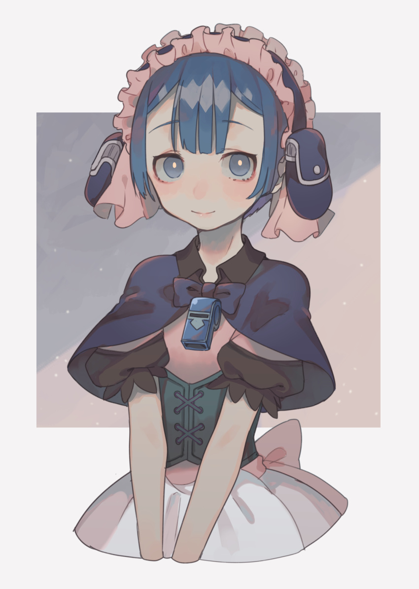 1boy apron bangs blue_background blue_eyes blue_hair blunt_bangs bow capelet closed_mouth collared_capelet cropped_legs crossdressinging dress eyebrows_visible_through_hair feather-trimmed_sleeves frills highres juliet_sleeves kirudai light_blush long_sleeves looking_at_viewer made_in_abyss maid maid_headdress maruruk multicolored multicolored_background pink_background pink_dress pink_frills pouch puffy_short_sleeves puffy_sleeves short_hair short_sleeves smile solo trap waist_apron whistle white_apron white_background