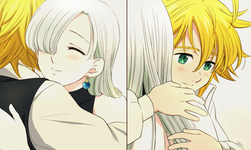 1boy 1girl blonde_hair blush closed_eyes couple earrings elizabeth_liones green_eyes hair_between_eyes hair_over_one_eye harumiya hug jewelry long_hair long_sleeves meliodas nanatsu_no_taizai shirt smile white_hair white_shirt