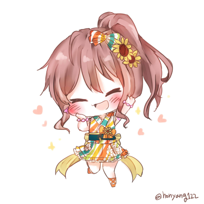 1girl arm_up back_bow bang_dream! bangs bow bracelet brown_hair chibi closed_eyes dress flower full_body hair_bow hair_flower hair_ornament hand_on_own_cheek heart highres honyang imai_lisa jewelry multicolored multicolored_clothes multicolored_dress open_mouth ponytail sash simple_background smile solo standing standing_on_one_leg striped striped_bow twitter_username white_background yellow_bow