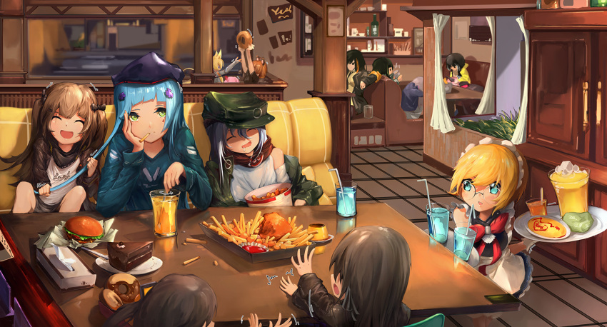 6+girls :d ^_^ bangs blonde_hair blue_eyes blunt_bangs booth bored brown_hair cake character_request closed_eyes doughnut drinking_straw food food_in_mouth french_fries g11_(girls_frontline) g36_(girls_frontline) girls_frontline glasses green_eyes grizzly_mkv_(girls_frontline) hair_pull hamburger hat hk416_(girls_frontline) holding holding_tray indoors jacket m16a1_(girls_frontline) m4a1_(girls_frontline) maid multiple_girls off_shoulder omurice open_mouth pudding renze_l restaurant ro635_(girls_frontline) saliva silver_hair sitting smile soft_drink table tissue_box tray ump40_(girls_frontline) ump45_(girls_frontline) ump9_(girls_frontline) younger
