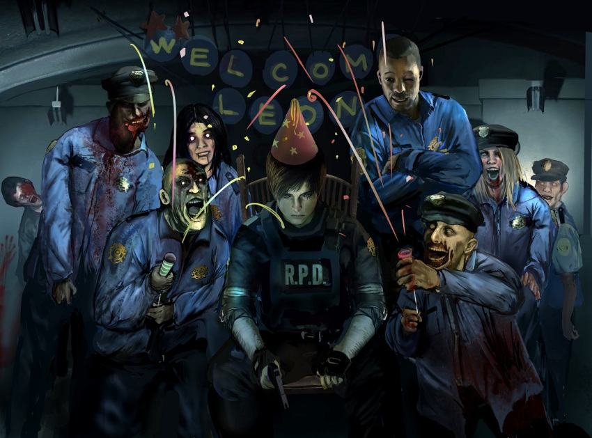 ;d black_gloves black_pants bleeding blood bloody_clothes bloody_handprints blue_shirt bulletproof_vest ceiling_light chair character_request collared_shirt crossed_arms dark doitsuken english fingerless_gloves gloves grin gun hat holding holding_gun holding_weapon indoors kneeling leon_s_kennedy long_sleeves looking_at_viewer marvin_branagh multiple_boys on_chair one_eye_closed open_mouth pants party_popper police police_hat police_uniform resident_evil resident_evil_2 shirt short_sleeves sitting smile uniform weapon zombie