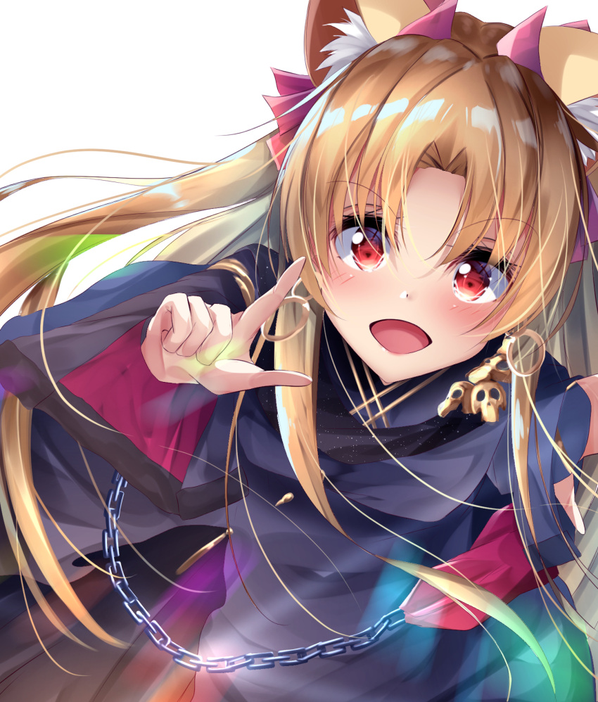 1girl animal_ears bangs blonde_hair cape chains commentary_request earrings ereshkigal_(fate/grand_order) eyebrows_visible_through_hair fate/grand_order fate_(series) highres hoop_earrings jewelry long_hair looking_at_viewer open_mouth parted_bangs red_eyes red_ribbon ribbon skull_necklace solo suisen-21