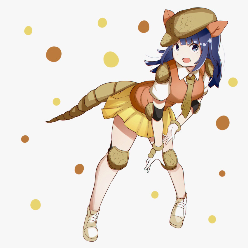 :d animal_ears armadillo_ears armadillo_tail bent_over black_eyes black_hair collared_shirt elbow_pads eyebrows_visible_through_hat full_body giant_armadillo_(kemono_friends) gloves hat highres kemono_friends knee_pads long_hair looking_at_viewer miniskirt necktie open_mouth orange_vest shirt short_sleeves shoulder_pads skirt smile tail tamiku_(shisyamo609) white_background white_gloves yellow_skirt
