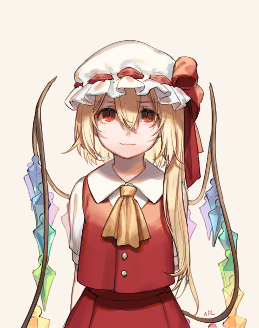 1girl absurdres arms_behind_back ascot beige_background blonde_hair commentary crystal english_commentary eyebrows_visible_through_hair flandre_scarlet hair_between_eyes hat hat_ribbon highres long_hair looking_at_viewer mob_cap one_side_up red_eyes red_ribbon red_skirt red_vest ribbon shan shirt short_sleeves simple_background skirt smile solo touhou upper_body vest white_hat white_shirt wings yellow_neckwear