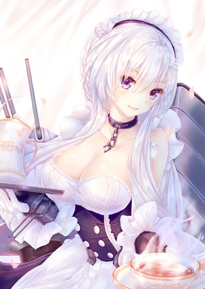 1girl absurdres apron artist_request azur_lane bangs belfast_(azur_lane) braid breasts chains cleavage collar collarbone commentary_request corset eyebrows_visible_through_hair french_braid frilled_apron frilled_gloves frills gloves hair_between_eyes highres large_breasts looking_at_viewer maid maid_apron maid_headdress silver_hair smile solo violet_eyes white_apron white_gloves