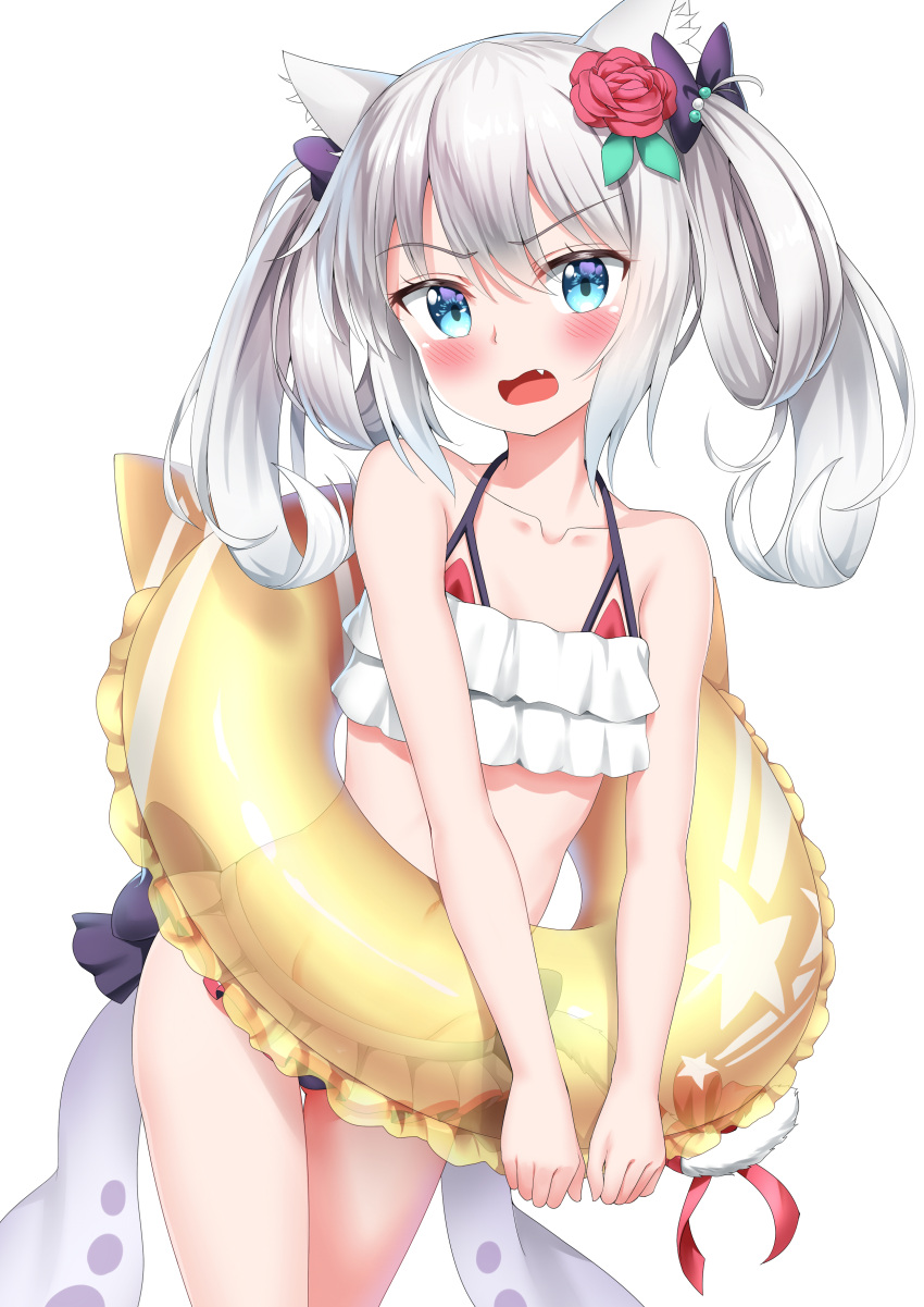 1girl absurdres animal_ears azur_lane bare_arms bare_shoulders bikini black_bow blue_eyes blush bow cat_ears cat_tail cowboy_shot embarrassed eyebrows_visible_through_hair fang flower folded_hair frilled_bikini frills grey_hair hair_bow hair_flower hair_ornament hair_ribbon hammann_(azur_lane) highres innertube looking_at_viewer navel nedia_(nedia_region) open_mouth purple_ribbon red_bikini red_bow red_flower red_ribbon red_rose ribbon rose simple_background solo swimsuit tail twintails white_background yellow_innertube
