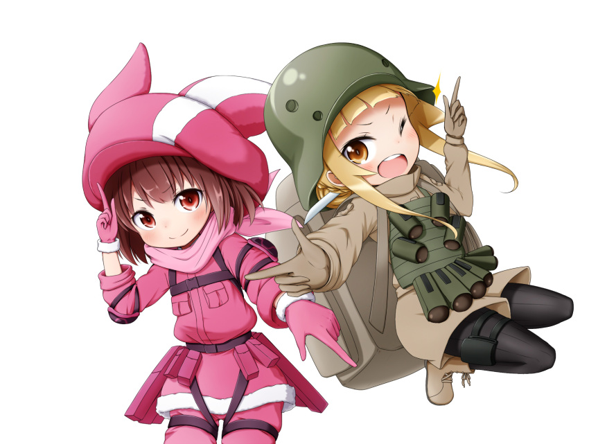 2girls ;d animal_ears animal_hat arm_up bandanna bangs black_legwear blonde_hair blush boots braid brown_footwear brown_gloves brown_hair brown_jacket brown_shorts bunny_hat commentary_request cross-laced_footwear eyebrows_visible_through_hair fukaziroh_(sao) fur-trimmed_gloves fur-trimmed_jacket fur_trim gloves hair_bun hat helmet highres index_finger_raised jacket kuena lace-up_boots llenn_(sao) long_hair long_sleeves multiple_girls one_eye_closed open_mouth pants pantyhose pink_bandana pink_gloves pink_hat pink_jacket pink_pants rabbit_ears red_eyes round_teeth short_shorts shorts simple_background smile sparkle sword_art_online sword_art_online_alternative:_gun_gale_online teeth upper_teeth v-shaped_eyebrows white_background