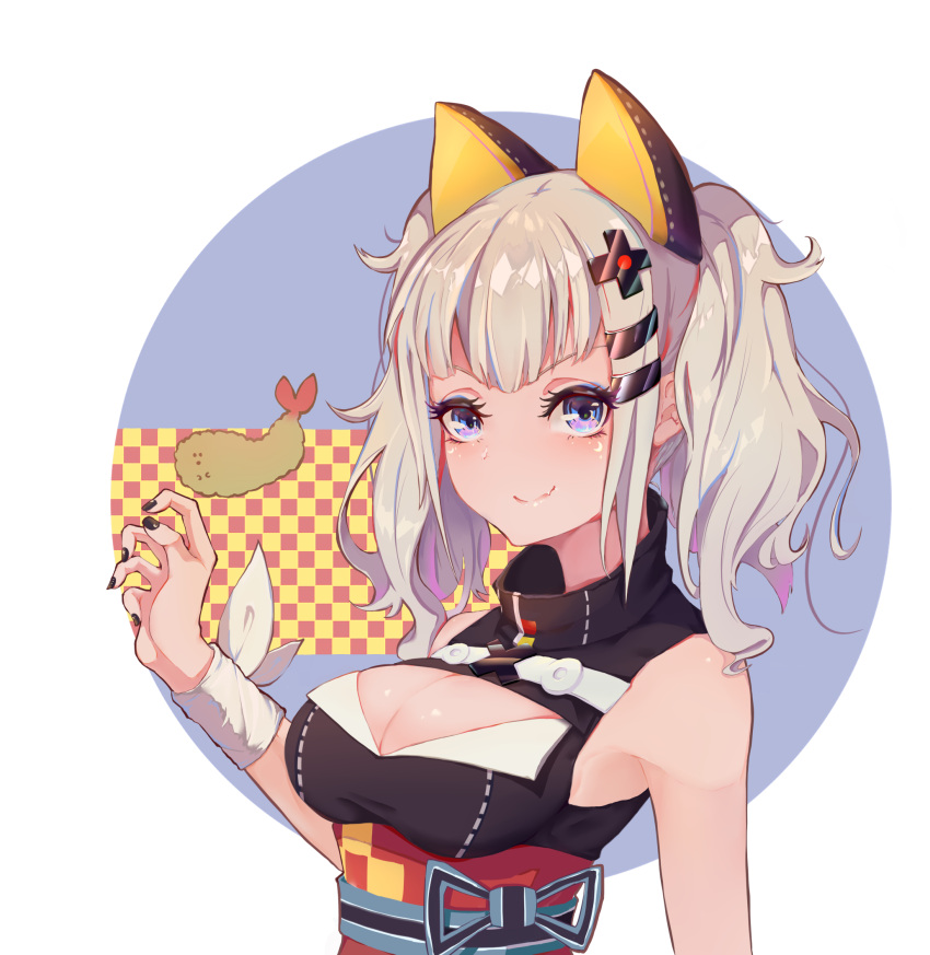 1girl animal_ears black_nails blue_eyes blush breasts cat_ears cleavage closed_mouth d-pad d-pad_hair_ornament eyebrows_visible_through_hair fake_animal_ears food grey_hair hair_ornament hairclip highres kaguya_luna kaguya_luna_(character) large_breasts looking_at_viewer nail_polish short_hair short_twintails shrimp shrimp_tempura smile solo tempura twintails two-hundred-water upper_body virtual_youtuber