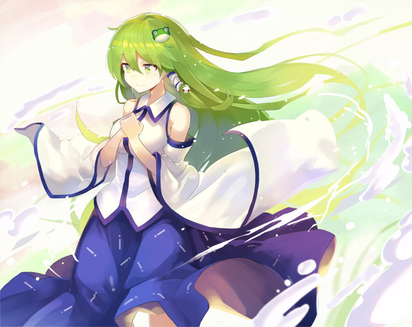 1girl bare_shoulders blue_skirt breasts commentary_request cowboy_shot detached_sleeves eyebrows_visible_through_hair frog_hair_ornament green_eyes green_hair hair_between_eyes hair_ornament hair_tubes highres kochiya_sanae large_breasts long_hair long_sleeves own_hands_together rin_falcon skirt smile snake_hair_ornament solo standing touhou wide_sleeves