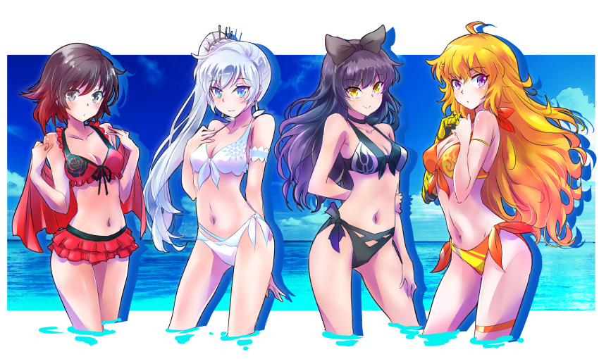 4girls bikini_bottom bikini_top black_hair blake_belladonna blonde_hair blue_eyes blue_sky breasts cleavage clouds cloudy_sky grey_eyes highres iesupa multiple_girls navel prosthesis prosthetic_arm redhead ruby_rose rwby sky swimsuit violet_eyes water weiss_schnee white_hair yang_xiao_long yellow_eyes