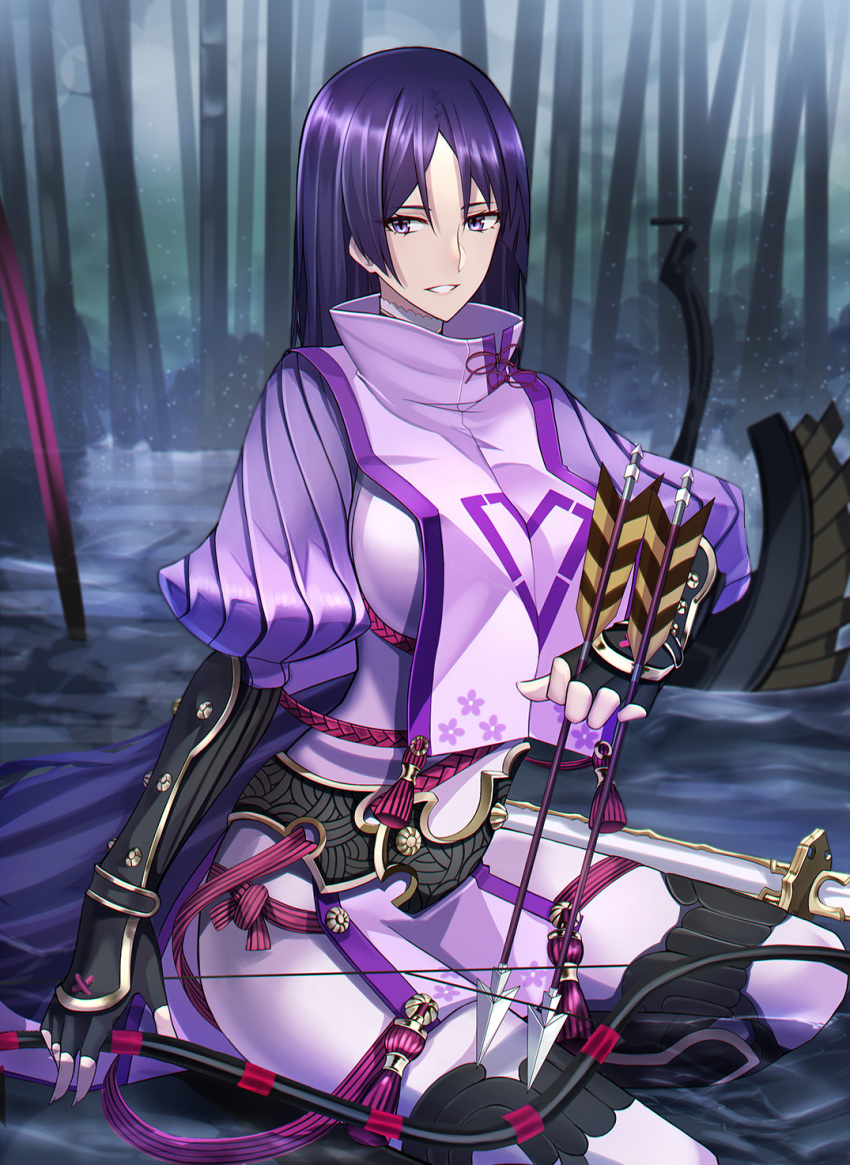 1girl arm_guards armor arrow bamboo bamboo_forest bangs belt between_fingers black_gloves bodysuit bow_(weapon) breasts fate/grand_order fate_(series) fingerless_gloves floral_print forest gloves hair_between_eyes high_collar highres holding holding_arrow holding_bow_(weapon) holding_weapon japanese_armor kote large_breasts long_hair looking_at_viewer minamoto_no_raikou_(fate/grand_order) nature outdoors parted_bangs purple_bodysuit purple_hair ribbed_sleeves rope shiguru shiny shiny_hair sidelocks smile solo squatting straight_hair tabard tassel turtleneck violet_eyes weapon