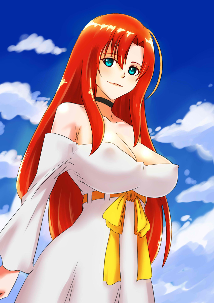 1girl absurdres black_choker blue_eyes boudica_(fate/grand_order) breasts choker cleavage clouds cloudy_sky der_zweite dress erect_nipples fate/grand_order fate_(series) highres large_breasts light_smile long_hair looking_at_viewer looking_down off-shoulder_dress off_shoulder redhead ribbon sky solo strapless strapless_dress white_dress yellow_ribbon