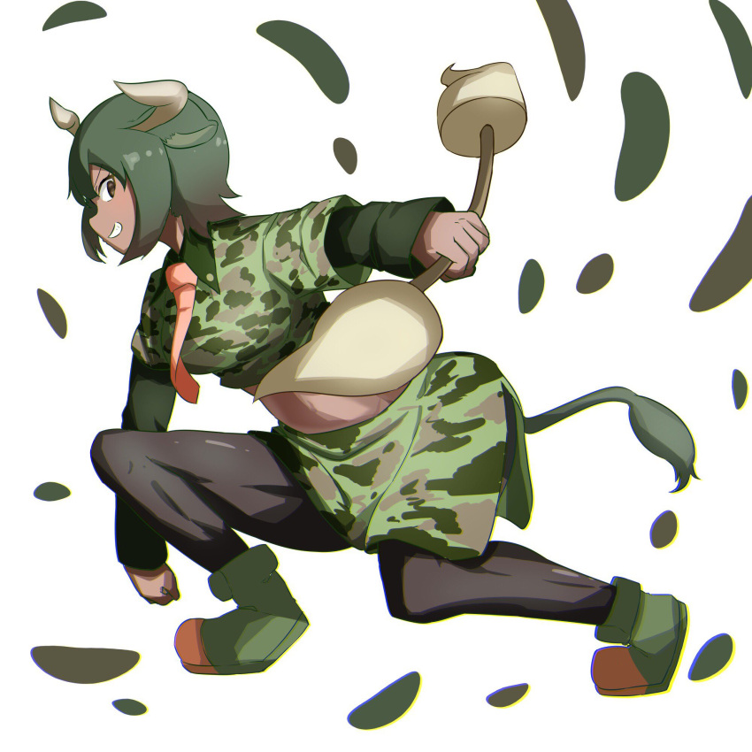 1girl animal_ears aurochs_(kemono_friends) black_legwear brown_eyes camouflage camouflage_shirt camouflage_shorts collared_shirt empty_eyes from_side green_footwear green_hair highres holding holding_lance holding_weapon horn_lance horns kemono_friends lance long_sleeves looking_at_viewer midriff necktie pantyhose polearm shirt short_hair short_over_long_sleeves short_sleeves shorts smile solo tail tamiku_(shisyamo609) teeth weapon white_background