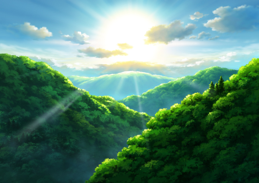 blue_sky clouds commentary_request day hariken hill light_rays nature no_humans original outdoors revision scenery sky sun