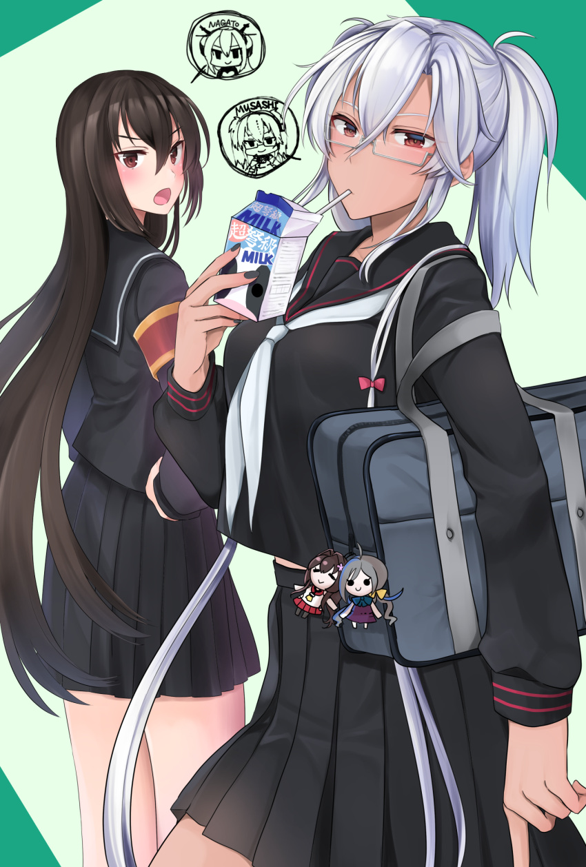 2girls alternate_costume bag bag_charm black_blouse black_hair black_serafuku black_skirt blouse breasts charm_(object) dark_skin grey_hair headgear highres holding kantai_collection kiyoshimo_(kantai_collection) large_breasts long_hair long_sleeves milk_carton multiple_girls musashi_(kantai_collection) nagato_(kantai_collection) neckerchief pleated_skirt red_eyes school_uniform semi-rimless_eyewear serafuku shoulder_bag skirt two_side_up under-rim_eyewear yamato_(kantai_collection) yunamaro