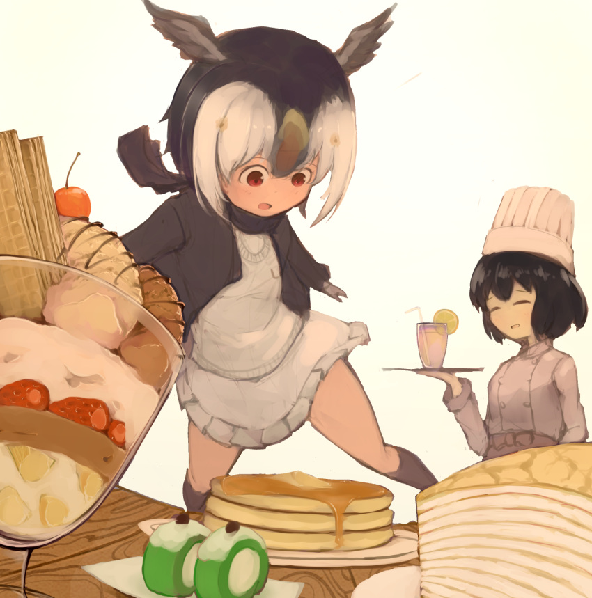 2girls :d apron atlantic_puffin_(kemono_friends) bangs bendy_straw bird_wings black_hair black_jacket black_legwear black_scarf blazer blush bob_cut butter chef chef_hat chef_uniform cherry closed_eyes commentary_request cup double-breasted drinking_glass drinking_straw food frilled_skirt frills fruit furrowed_eyebrows hair_between_eyes hat head_wings highres holding holding_tray jacket kaban_(kemono_friends) kemono_friends kneehighs long_sleeves miniskirt multicolored_hair multiple_girls open_mouth pancake parfait parted_bangs raised_eyebrows red_eyes scarf short_hair simple_background skirt smile stack_of_pancakes strawberry suginakara_(user_ehfp8355 sweater_vest syrup tray waist_apron wavy_hair white_background white_hair white_skirt wings wooden_table