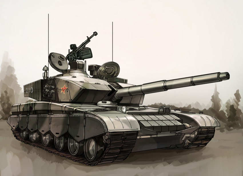 day ground_vehicle gun machine_gun military military_vehicle motor_vehicle no_humans original people's_liberation_army samazuka_mashiro sky tank tree type_99_tank weapon