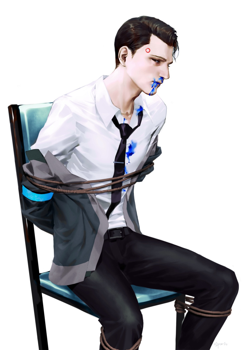 1boy android arms_behind_back belt black_neckwear black_pants blood blood_from_mouth blood_splatter bloody_clothes blue_blood bound bound_legs bound_torso brown_eyes brown_hair connor_(detroid) detroit:_become_human expressionless grey_jacket highres jacket looking_at_viewer open_clothes open_jacket pants par. rope shirt sitting white_background white_shirt