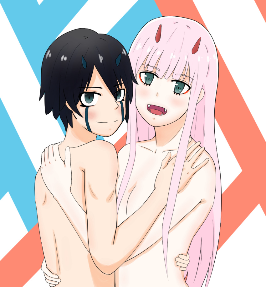 1boy 1girl bangs black_hair blue_eyes blue_horns breasts commentary_request couple darling_in_the_franxx eyebrows_visible_through_hair facial_scar fangs fringe green_eyes hand_on_another's_hip hand_on_another's_shoulder hetero highres hiro_(darling_in_the_franxx) horns hug long_hair looking_at_viewer medium_breasts nude oni_horns pink_hair red_horns scar short_hair user_yhxs5287 zero_two_(darling_in_the_franxx)