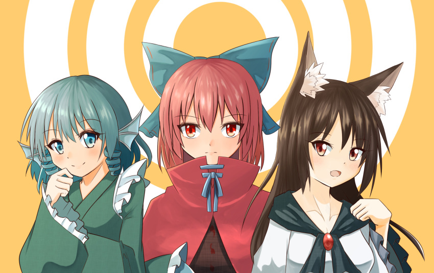 :d animal_ears aqua_eyes aqua_hair bow brown_hair capelet drill_hair fang frilled_kimono frilled_sleeves frills grass_root_youkai_network hair_bow head_fins highres imaizumi_kagerou isetan_mashira japanese_clothes kimono long_hair open_mouth red_eyes redhead sekibanki short_hair simple_background smile touhou twin_drills wakasagihime wolf_ears