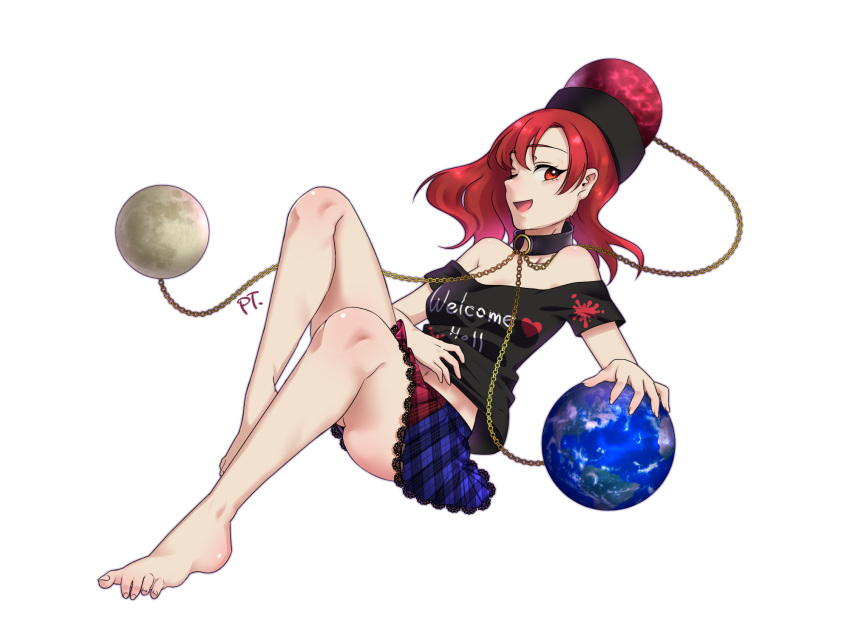 1girl bangs bare_shoulders barefoot black_shirt chains choker earth_(ornament) from_side gold_chain hecatia_lapislazuli highres long_hair looking_at_viewer midriff moon_(ornament) multicolored multicolored_clothes multicolored_skirt navel off-shoulder_shirt open_mouth polos_crown putchin redhead shirt skirt smile solo toes touhou white_background