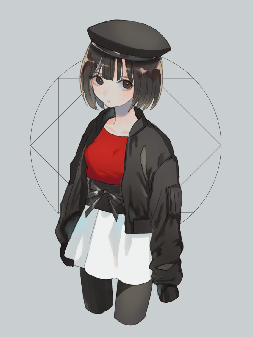 1girl bangs black_hat black_jacket black_legwear blunt_bangs bob_cut bow breasts brown_eyes brown_hair closed_mouth collarbone cropped_legs grey_background hat high_collar highres jacket kirudai long_sleeves looking_at_viewer looking_to_the_side obi open_clothes open_collar open_jacket original pantyhose red_shirt sash shirt short_hair skirt sleeves_past_wrists small_breasts solo thighs white_skirt
