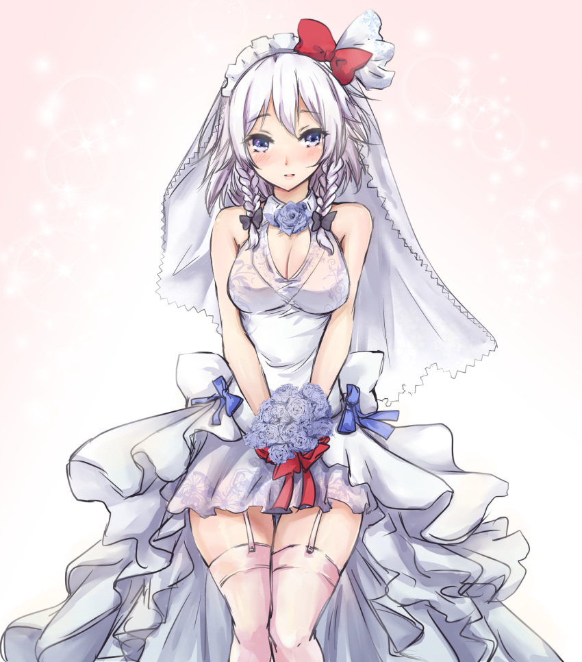 1girl alternate_costume amagi_(amagi626) bare_arms bare_shoulders black_bow blue_eyes blue_flower blue_ribbon blue_rose blush bouquet bow braid breasts bridal_veil cleavage commentary_request dress eyebrows_visible_through_hair floral_print flower garter_straps gradient gradient_background hair_bow hair_ribbon highres holding holding_bouquet holding_flower izayoi_sakuya large_breasts looking_at_viewer maid_headdress parted_lips pink_background pink_legwear red_bow red_ribbon ribbon rose short_hair silver_hair sleeveless sleeveless_dress solo sparkle thigh-highs thighs touhou twin_braids veil wedding_dress white_background white_dress white_ribbon