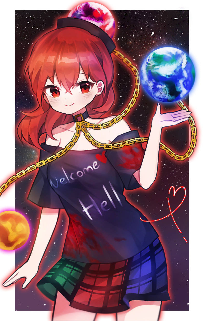 1girl absurdres earth_(ornament) hecatia_lapislazuli highres looking_at_viewer moon_(ornament) plaid plaid_skirt polos_crown red_eyes redhead shirt skirt smile solo soooooook2 t-shirt touhou