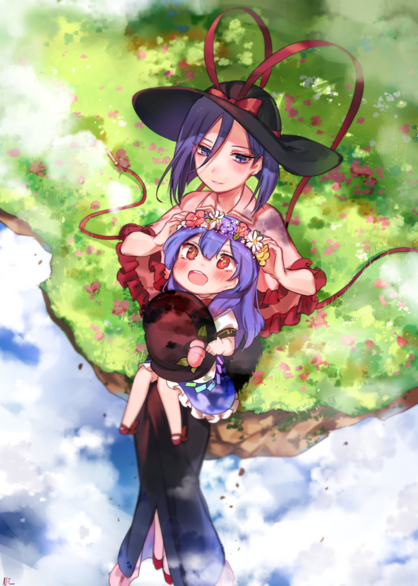 +_+ 2girls absurdres black_hat black_skirt blouse blue_flower blue_hair blue_skirt blue_sky blush bow capelet clouds commentary_request day floating_island flower flower_wreath food frilled_capelet frills from_above fruit full_body grass hair_between_eyes hat hat_bow hat_ribbon head_wreath highres hinanawi_tenshi holding holding_hat leaf long_hair long_skirt looking_at_viewer looking_up multiple_girls nagae_iku open_mouth outdoors parted_lips peach petticoat pink_capelet pink_flower puffy_short_sleeves puffy_sleeves purple_hair red_bow red_eyes red_footwear red_neckwear red_ribbon ribbon shan shoes short_sleeves sitting sitting_on_lap sitting_on_person skirt sky smile touhou violet_eyes white_blouse white_flower wing_collar yellow_flower younger