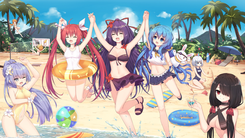 6+girls :d :o ;o ball bare_shoulders barefoot beach beach_volleyball beachball bikini bikini_skirt black_hair blue_eyes blue_hair blue_sky blue_swimsuit blush braid breasts bucket character_name cleavage closed_eyes clouds cloudy_sky cocktail_glass commentary_request covered_navel crescent crescent_hair_ornament criss-cross_halter cup date_a_live day drinking_glass flower full_body hair_flower hair_ornament hair_over_one_eye hair_ribbon hairclip halterneck hand_holding headshot highres holding holding_drinking_glass in_water innertube itsuka_kotori izayoi_miku jumping lavender_eyes lavender_hair long_hair low_twintails medium_breasts mountain multiple_girls navel navel_cutout neps-l one-piece_swimsuit one_eye_closed open_mouth orange_hair outdoors palm_tree ponytail purple_bikini purple_hair red_eyes redhead ribbon sand_castle sand_sculpture sandals seiza short_hair shovel siblings side_cutout silver_hair sisters sitting skin_tight sky small_breasts smile splashing surfboard swimsuit tobiichi_origami tokisaki_kurumi tree twins twintails very_long_hair volleyball wading white_swimsuit worktool yamai_kaguya yamai_yuzuru yatogami_tooka yellow_swimsuit yoshino_(date_a_live)