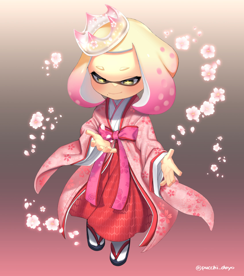 1girl alternate_costume blush bow crown domino_mask floral_print flower full_body gradient_hair half-closed_eyes highres hime_(splatoon) japanese_clothes kimono long_sleeves mask mini_crown mole mole_under_mouth multicolored_hair petals pink_hair puchiman slippers smile splatoon splatoon_2 symbol-shaped_pupils tentacle_hair twitter_username two-tone_hair white_hair yellow_eyes