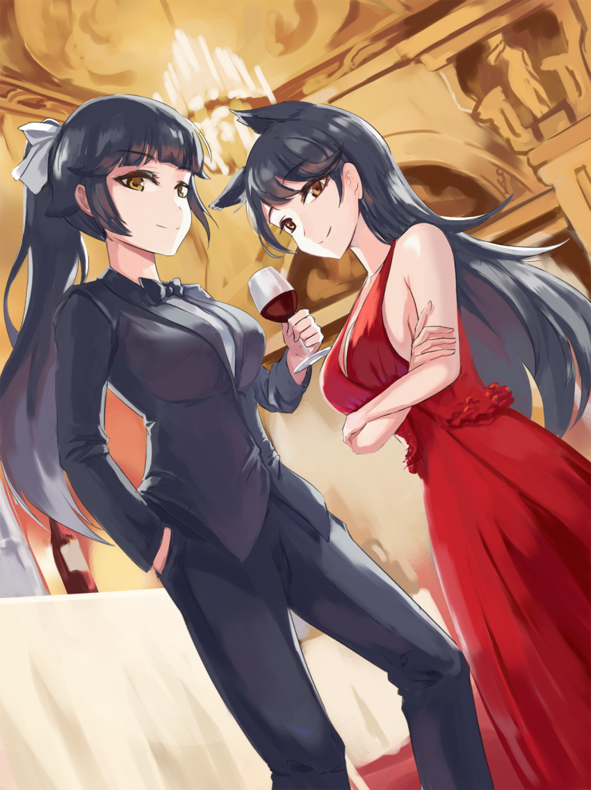 2girls alcohol alternate_costume animal_ears arm_up atago_(azur_lane) azur_lane bare_arms bare_shoulders black_hair black_neckwear black_pants black_shirt blurry bow bowtie breasts brown_eyes chandelier cleavage contrapposto cropped_legs crossdressinging crossed_arms cup depth_of_field dress drinking_glass dutch_angle gan-viking hand_in_pocket highres indoors long_hair looking_at_viewer medium_breasts multiple_girls pants ponytail red_dress shirt sideboob sleeveless sleeveless_dress smile statue table tablecloth takao_(azur_lane) untucked_shirt wine wine_glass