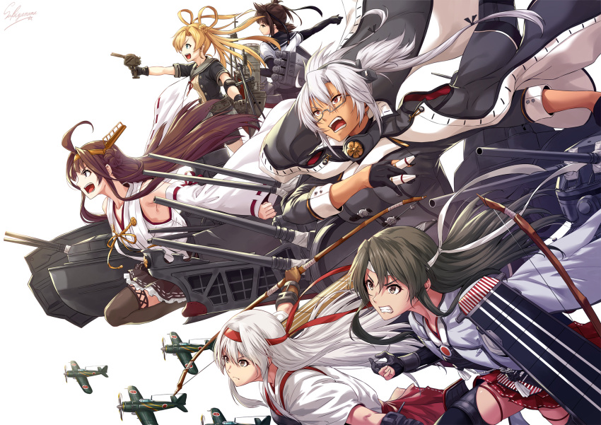 6+girls aa_gun abukuma_(kantai_collection) action ahoge alternate_costume alternate_hairstyle anchor anchor_symbol archery bangs bare_shoulders between_fingers black_coat black_gloves black_legwear black_neckwear black_ribbon black_skirt blonde_hair blue_eyes blush bodysuit boots bow_(weapon) breasts brown_eyes brown_hair buttons cannon chains clenched_teeth closed_mouth coat commentary_request corset dark_skin detached_sleeves double_bun dual_wielding elbow_gloves eyebrows fingerless_gloves flight_deck floating_hair frilled_skirt frills glasses gloves green_hair grey_hairband grey_shirt grey_skirt hachimaki hair_between_eyes hair_down hair_intakes hair_ornament hair_ribbon hair_rings hairband hakama_skirt hatsuzuki_(kantai_collection) headband headgear highres hip_vent jacket_on_shoulders japanese_clothes jinbaori kantai_collection kikumon kongou_(kantai_collection) kyuudou large_breasts legs_apart long_hair long_sleeves looking_afar machinery military military_uniform miniskirt multiple_girls muneate musashi_(kantai_collection) necktie nontraditional_miko open_mouth overcoat parted_lips partly_fingerless_gloves pleated_skirt quad_tails red_eyes remodel_(kantai_collection) ribbon ribbon-trimmed_clothes ribbon-trimmed_skirt ribbon-trimmed_sleeves ribbon_trim rigging rimless_eyewear running sakiyamama sash school_uniform serafuku shirt short_hair short_sleeves shoukaku_(kantai_collection) sidelocks silver_hair single_glove skirt sleeve_cuffs sleeveless sleeveless_coat small_breasts teeth thigh-highs thigh_boots torpedo turbine turret turrets turtleneck twintails uniform weapon white_hair wind wind_lift work_in_progress yugake zettai_ryouiki zuikaku_(kantai_collection)