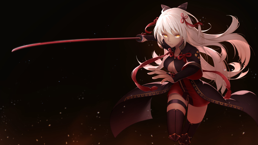 1girl absurdres ahoge bangs black_bow bow breasts center_opening coat dark_skin detached_sleeves fate/grand_order fate_(series) hair_bow high_collar highres holding holding_sword holding_weapon katana koha-ace large_breasts long_hair looking_at_viewer okita_souji_alter_(fate) open_clothes open_coat red_skirt scal2let seamed_legwear skirt solo sword tassel thigh-highs thigh_strap tied_hair very_long_hair weapon white_hair yellow_eyes