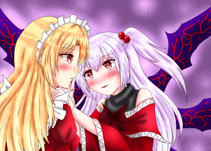 2girls bare_shoulders blonde_hair blush commentary_request hair_between_eyes hair_bobbles hair_ornament hand_on_another's_cheek hand_on_another's_face highres long_hair maid_headdress multiple_girls nanaemon one_side_up open_mouth pink_hair red_eyes shinki touhou touhou_(pc-98) upper_body wide_sleeves wings yumeko yuri