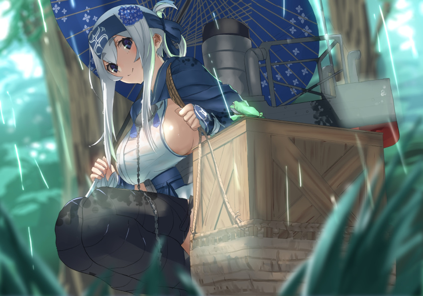 1girl ainu ainu_clothes bandage bandanna blue_eyes breasts crate cropped_jacket dress floral_print flower folded_ponytail forest hair_between_eyes hair_flower hair_ornament headband highres kamoi_(kantai_collection) kantai_collection long_sleeves looking_at_viewer machinery nature oriental_umbrella rain sideboob sidelocks sleeveless sleeveless_dress thick_eyebrows thigh-highs tsuuhan umbrella water_drop white_dress white_hair wrist_guards