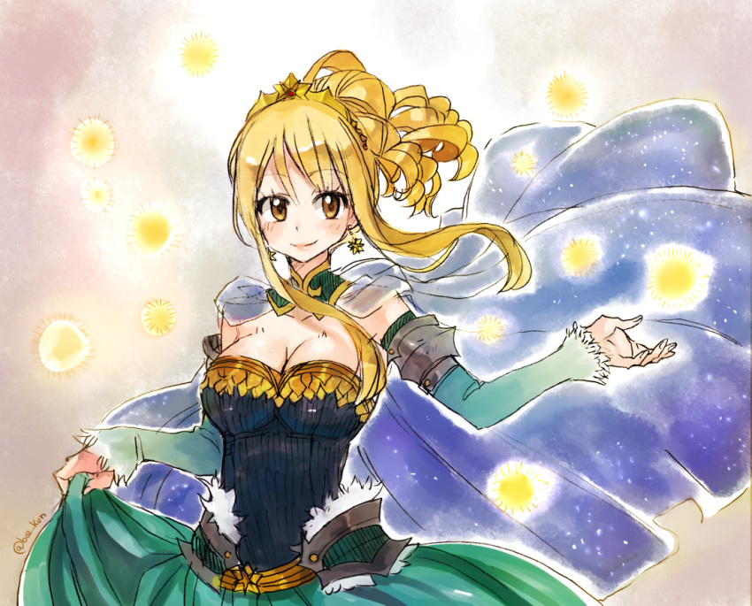 1girl blonde_hair blue_cape breasts brown_eyes cape detached_sleeves earrings eyebrows_visible_through_hair fairy_tail floating_hair hair_between_eyes jewelry large_breasts lucy_heartfilia rusky signature sketch skirt skirt_hold solo standing striped