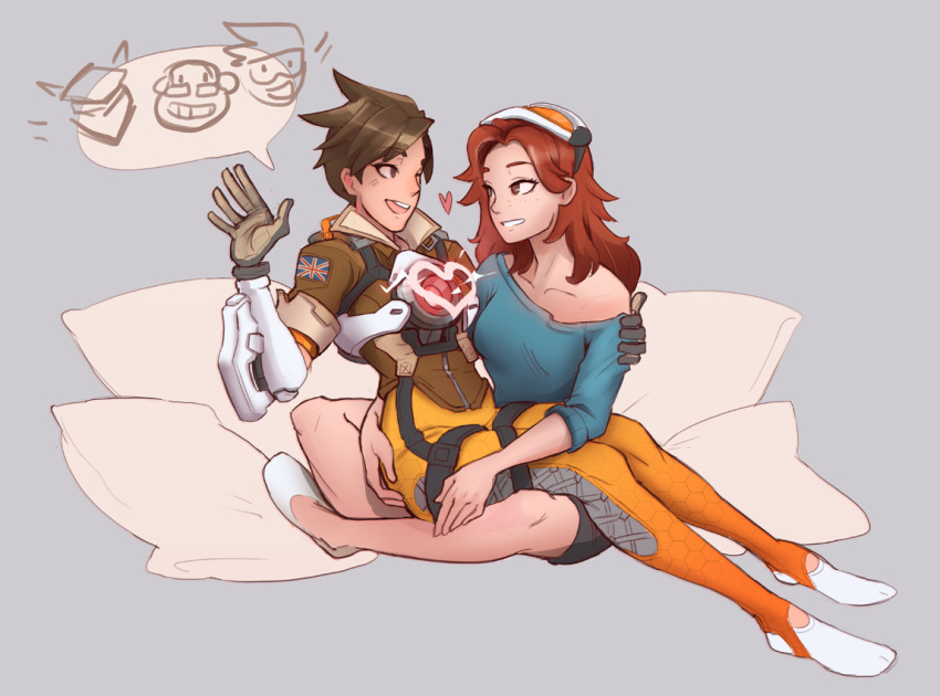 2girls :d anhdang blue_shirt bodysuit bomber_jacket breasts brown_hair brown_jacket collarbone commentary couple cross-laced_clothes cross-laced_legwear emily_(overwatch) english_commentary eyebrows_visible_through_hair freckles full_body genji_(overwatch) gloves goggles goggles_on_head goggles_removed grey_background hand_on_another's_shoulder hand_up harness heart jacket leather leather_jacket long_hair long_sleeves looking_at_another multiple_girls open_mouth orange_bodysuit overwatch pants pillow redhead shirt short_hair short_sleeves simple_background sitting sitting_on_lap sitting_on_person smile speech_bubble spiky_hair sweater tight tight_pants tracer_(overwatch) union_jack vambraces winston_(overwatch) yuri