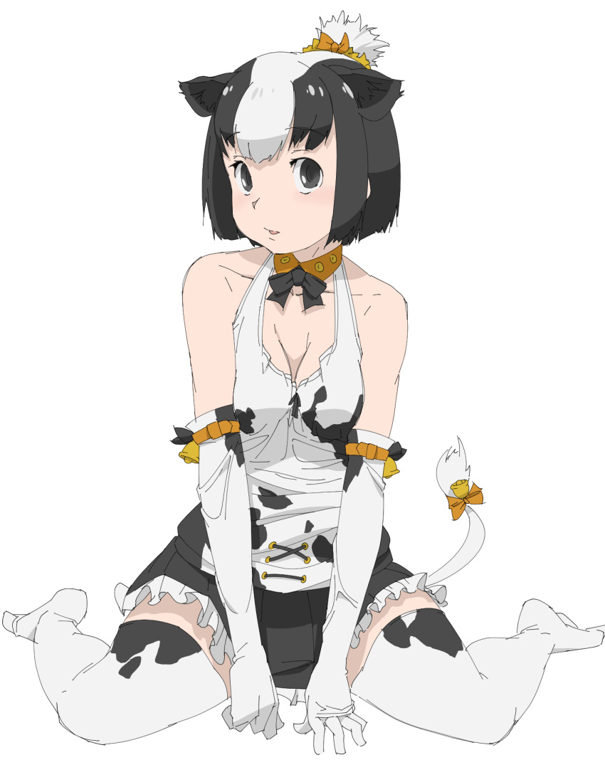 1girl animal_ears animal_print bare_shoulders bell black_hair bow bowtie collar cow_ears cow_print cow_tail elbow_gloves eyebrows_visible_through_hair frilled_skirt frills fueisei full_body gloves hair_bow hair_bun highres holstein_friesian_cattle_(kemono_friends) kemono_friends multicolored_hair no_shoes short_hair sitting skirt sleeveless solo tail tail_bell tail_bow thigh-highs wariza white_hair