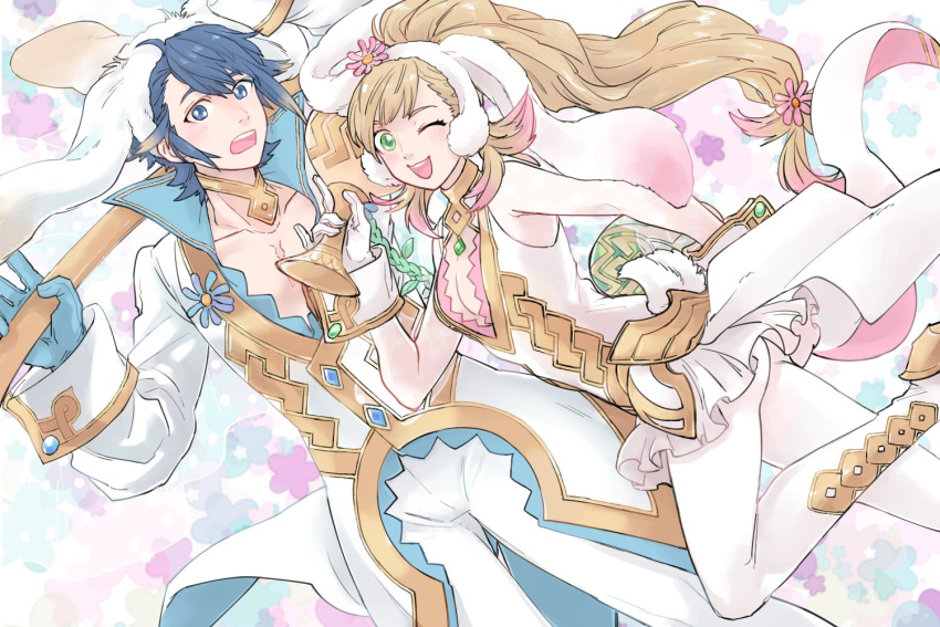 1boy 1girl alfonse_(fire_emblem) animal_ears blonde_hair blue_eyes blue_hair blush bunnysuit cape earmuffs easter easter_egg egg fire_emblem fire_emblem_heroes gloves green_eyes long_hair looking_at_viewer multicolored_hair nezumoto open_mouth ponytail rabbit_ears sharena short_hair smile