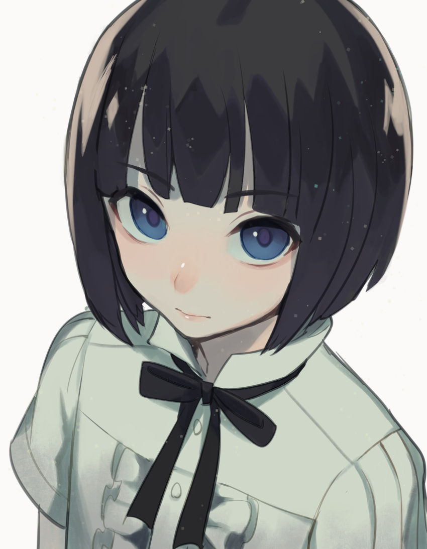 1girl absurdres bangs black_bow blue_eyes bob_cut bow bowtie buttons close-up closed_mouth collared_shirt eyebrows_visible_through_hair eyelashes face frilled_shirt frills high_collar highres kirudai light_smile looking_at_viewer looking_up original purple_pupils shirt short_hair short_sleeves solo white_background white_shirt