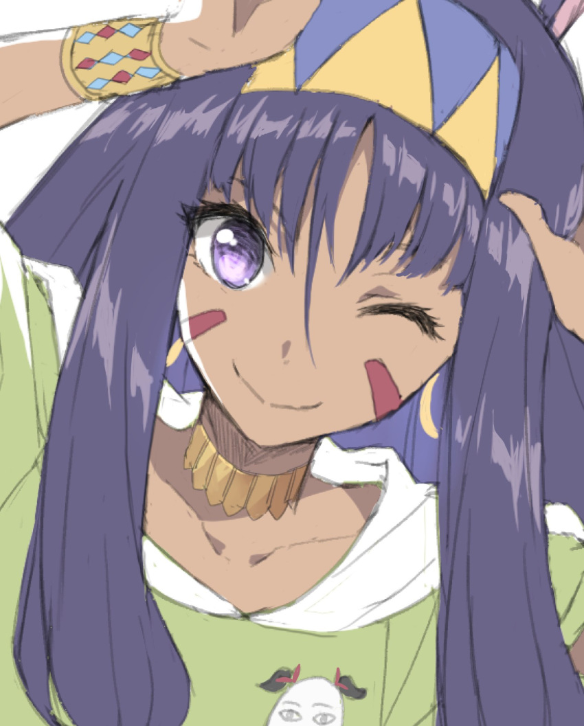 1girl animal_ears bracelet closed_mouth commentary_request earrings facial_mark fate/grand_order fate_(series) green_shirt hands_up headband highres hoop_earrings jackal_ears jewelry long_hair looking_at_viewer medjed nitocris_(fate/grand_order) one_eye_closed purple_hair shirt simple_background smile solo tonee upper_body violet_eyes white_background