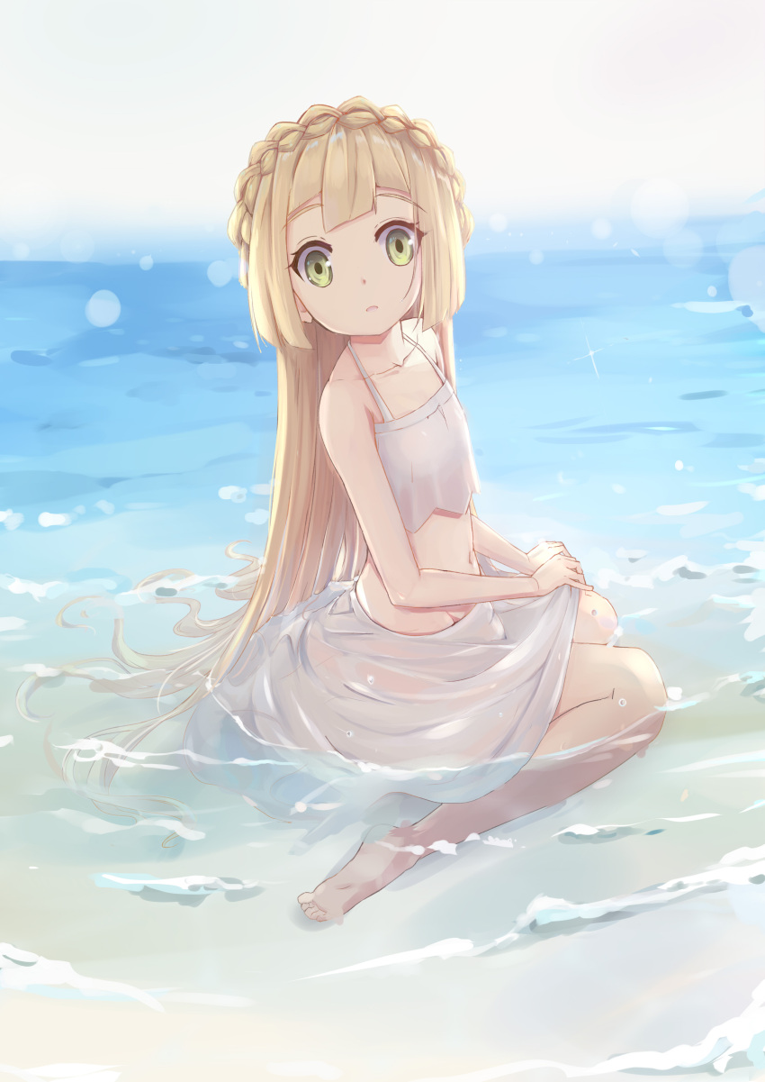 1girl absurdres aka_(440626) bikini blonde_hair green_eyes highres lillie_(pokemon) long_hair pokemon pokemon_(anime) pokemon_sm_(anime) sarong sitting solo swimsuit water wet wet_clothes wet_swimsuit white_bikini