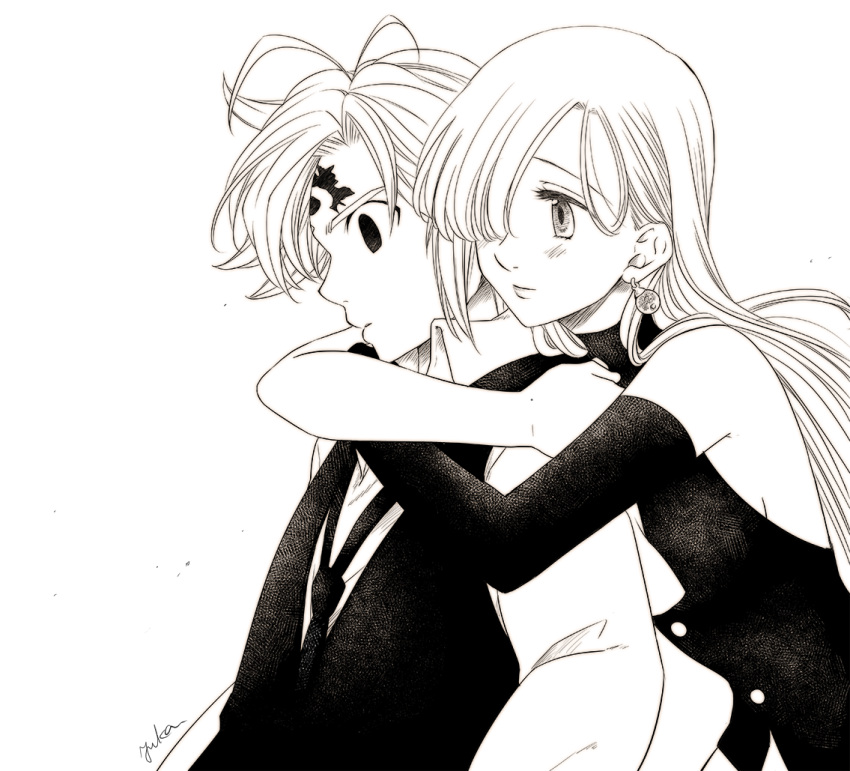 1boy 1girl antenna_hair artist_name bangs bare_shoulders blush buttons dark_persona detached_sleeves earrings elizabeth_liones greyscale hair_over_one_eye harumiya hug hug_from_behind jewelry long_hair long_sleeves meliodas monochrome nanatsu_no_taizai necktie shirt vest